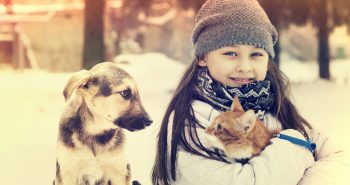 Young girl with dog and cat in the snow