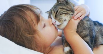 Young child snuggling with a cat.
