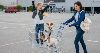 Mother pushing shopping cart with little girl and two dogs