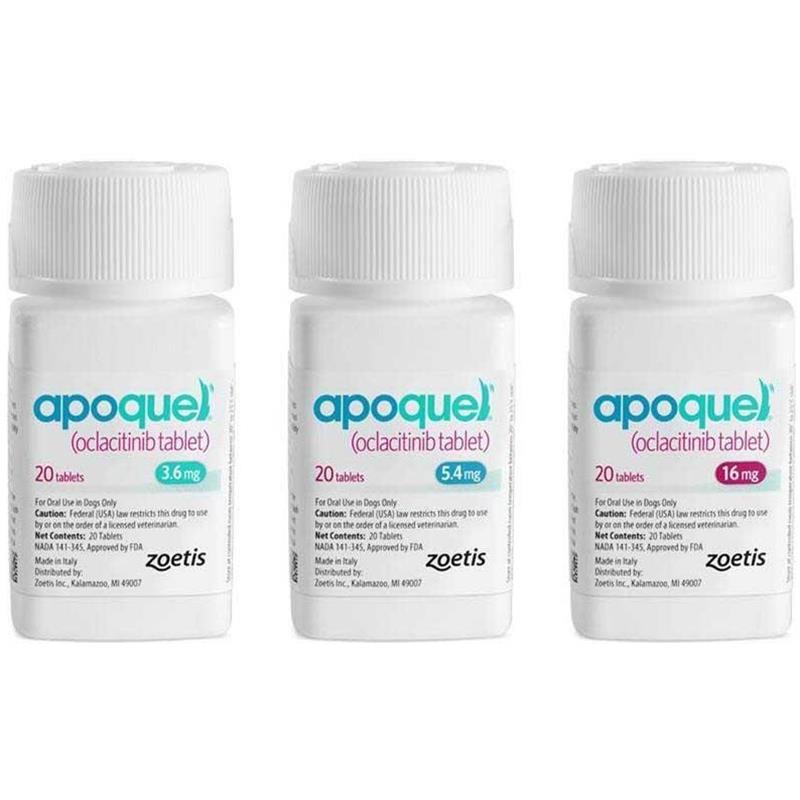 Three bottles of Apoquel medication for dogs.