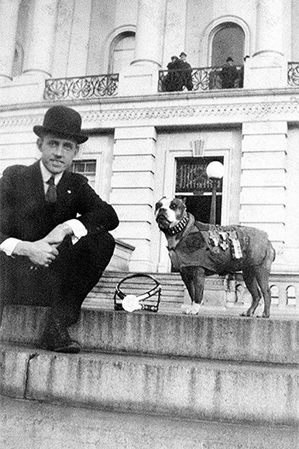 Sgt. Stubby, a dog in his military uniform, with his owner John Conroy. 