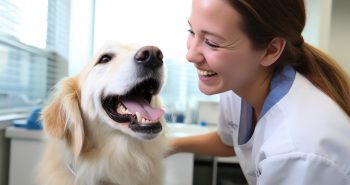 Vet petting a yellow dog.
