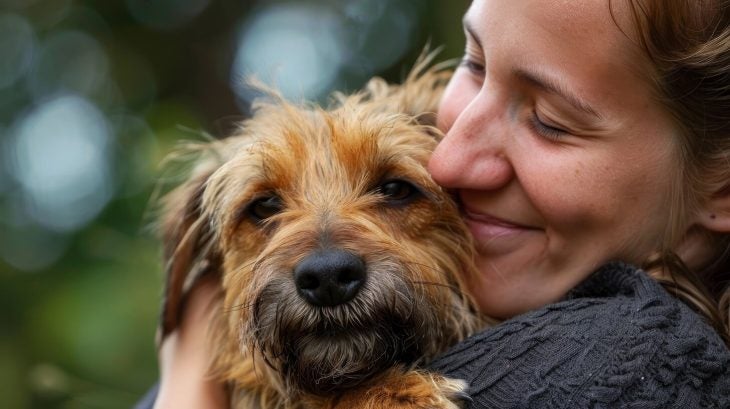 Woman hugging a small brown dog.