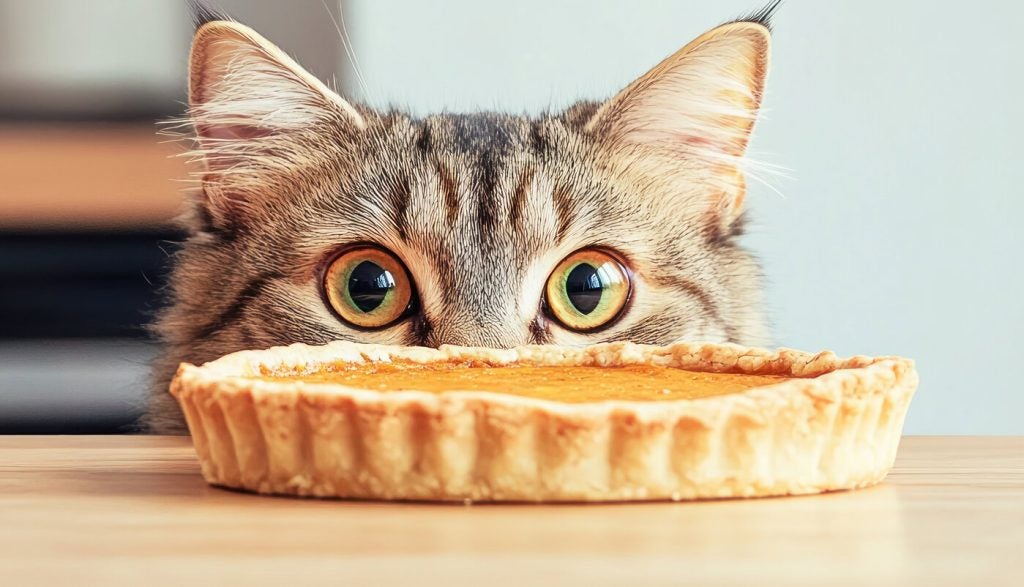 Cat staring at a pumpkin pie