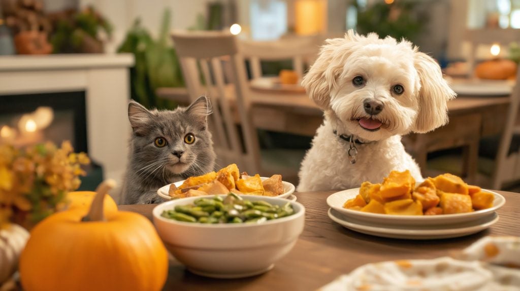 dog and cat at Thanksgiving table