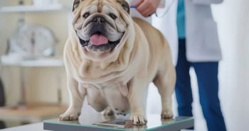 overweight dog on a scale
