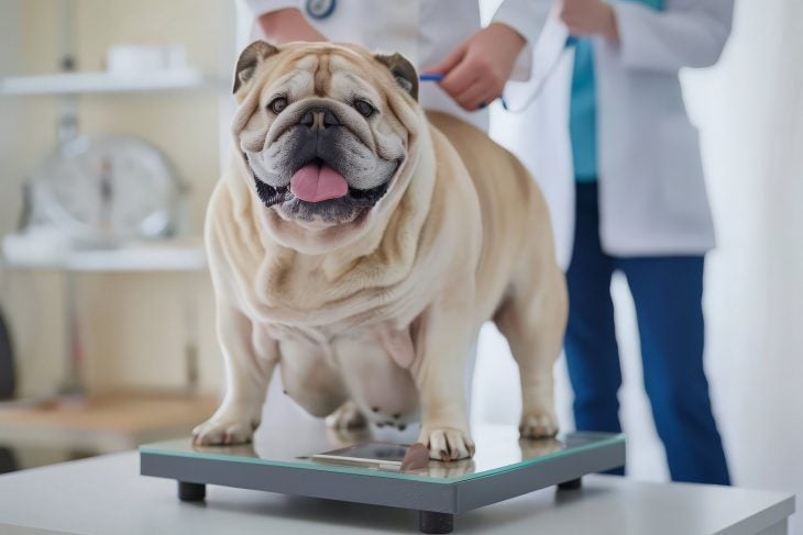 overweight dog on a scale