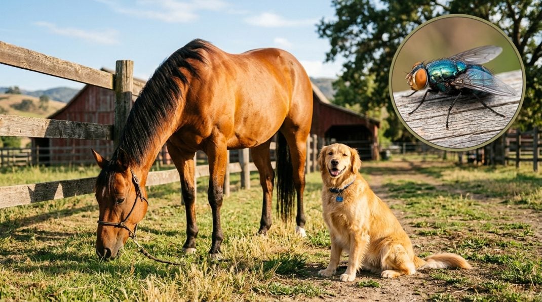 Dog and horse in field with an inset of an image of a fly