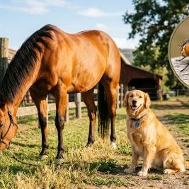 Dog and horse in field with an inset of an image of a fly