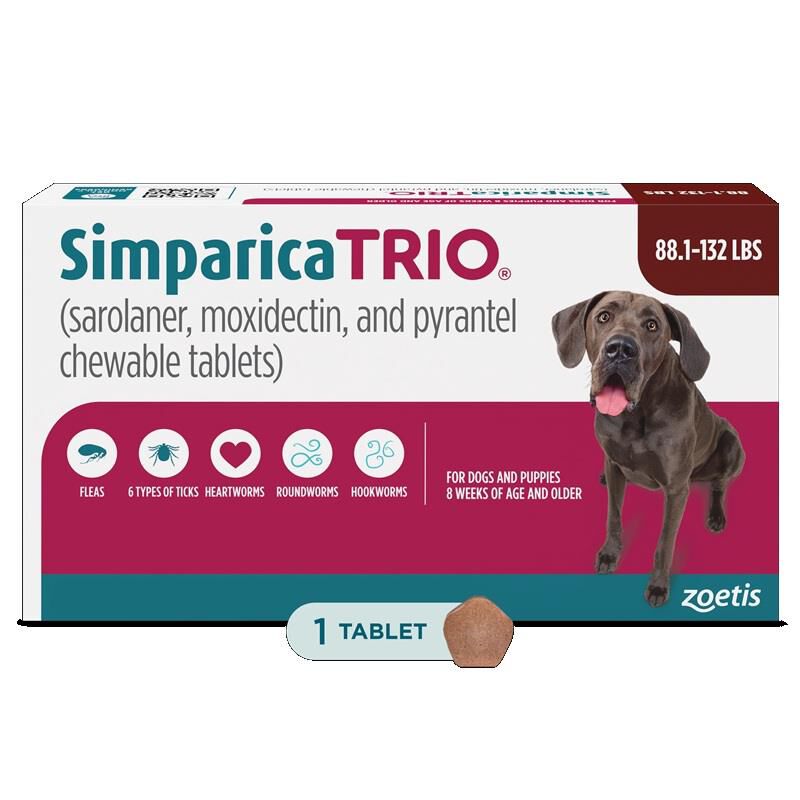 Simparica Trio Chewable Tablets for Dogs 88.1-132 lbs Brown, 1 Month Supply