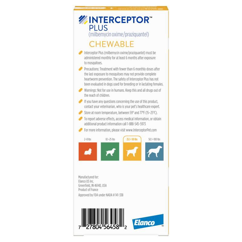 Interceptor Plus Chewable Tablets for Dogs 25.1-50 lbs Yellow, 1 Month Supply