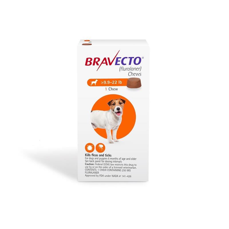 Bravecto Chewable Tablets 9.9-22 lbs Orange, 250 mg 1 chewable, 3 month acting
