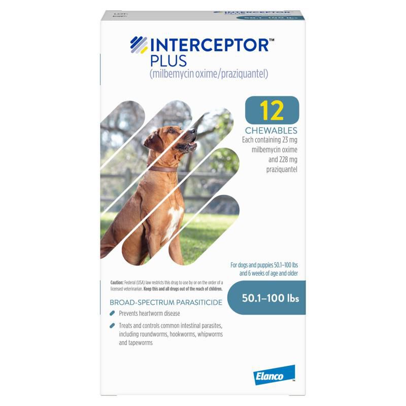 Interceptor Plus Chewable Tablets for Dogs 50.1-100 lbs Blue, 12 Month Supply