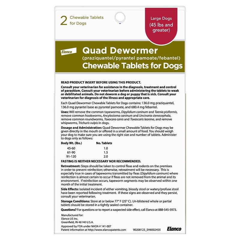 Quad Dewormer Chewable Tablets for Dogs, Large Dogs (45 lbs and greater) 2 Chew Tabs