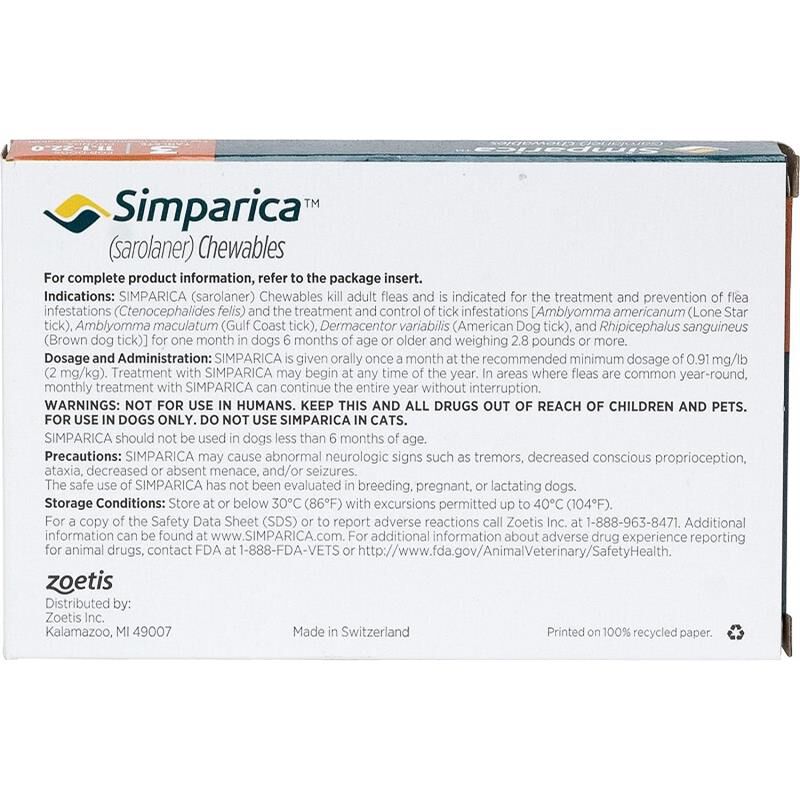 Simparica Chewable Tablets for Dogs 11-22 lbs Orange, 3 Month Supply