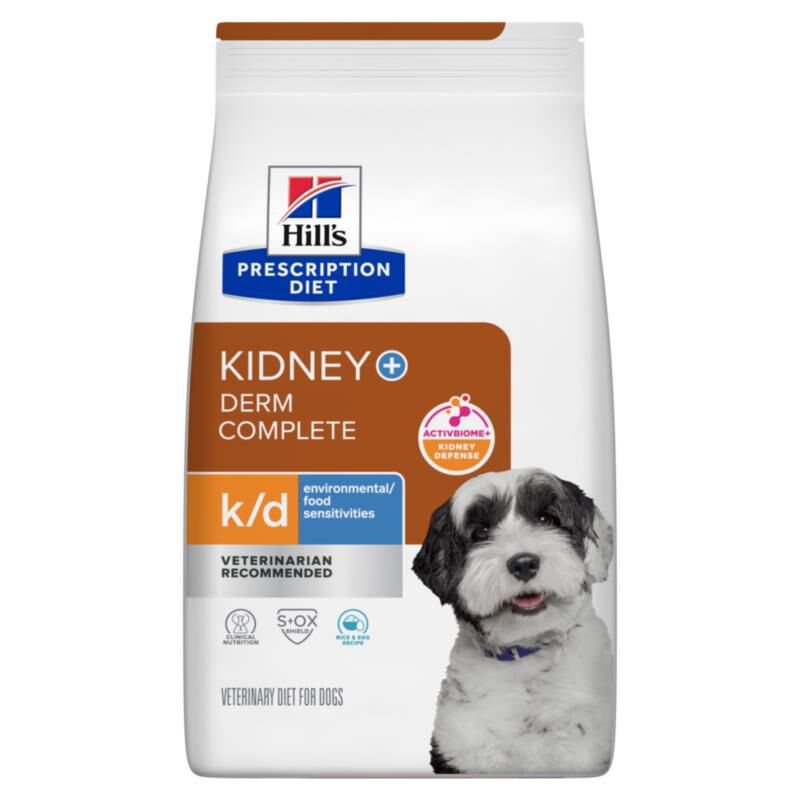 Hill's Prescription Diet k/d Kidney Care + Derm Complete Rice & Egg Entree Dry Dog Food, 14.3 lb bag