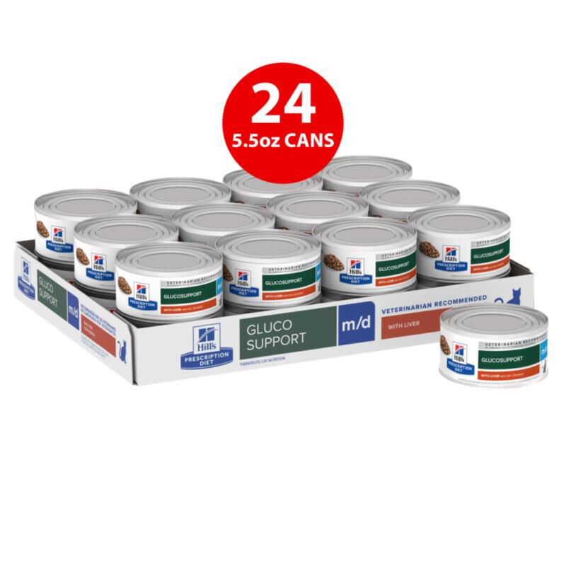 Hill's Prescription Diet m/d GlucoSupport with Liver Flavor Canned Cat Food, 24 x 5.5 oz cans
