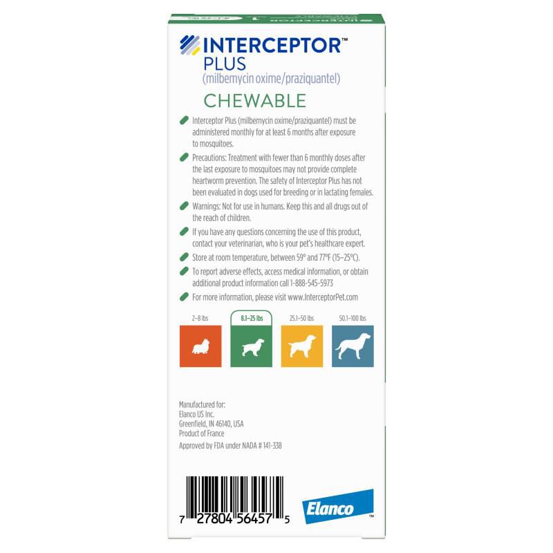 Interceptor Plus Chewable Tablets for Dogs 8.1-25 lbs Green, 1 Month Supply