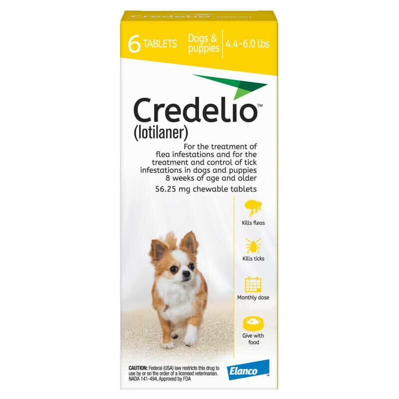 Credelio Flea & Tick Chewable Tablets for Dogs & Puppies 4.4-6 lbs (56.25 mg) Yellow 6 Month Supply