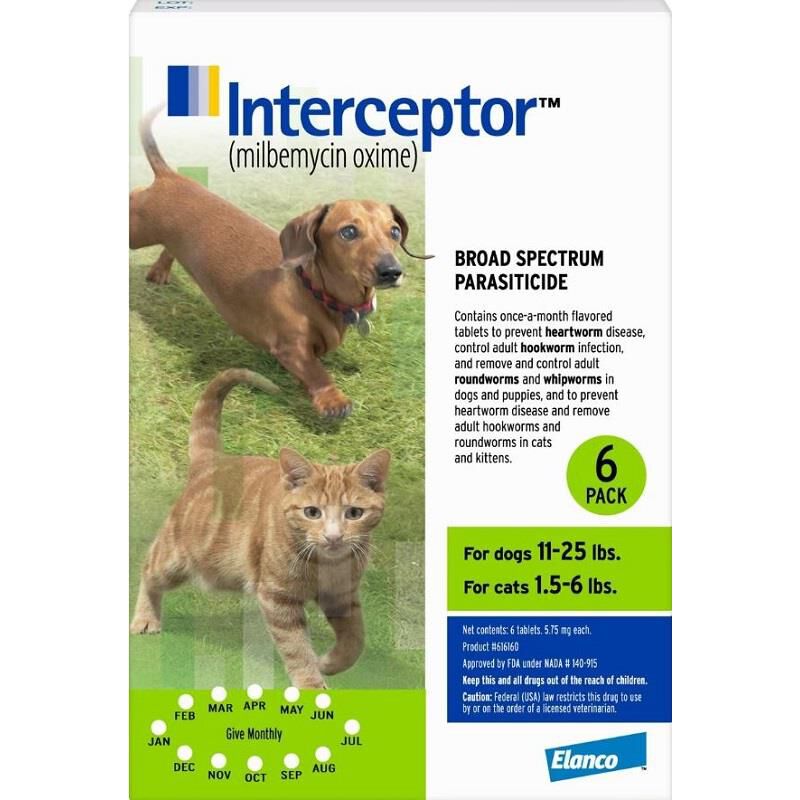 Interceptor for Dogs and Cats 11-25 lbs Dogs / 1.5-6 lbs Cats 6 Month Supply Green
