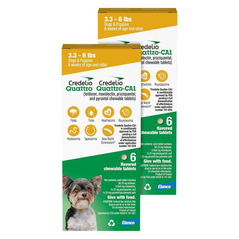 Credelio Quattro / Credelio Quattro-CA1 Flavored Chewable Tablet for Dogs & Puppies 3.3-6 lbs Yellow 12 Month Supply