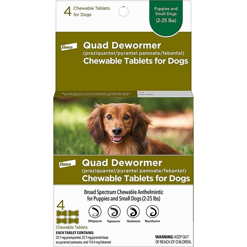 Quad Dewormer Chewable Tablets for Dogs, Puppies and Small Dogs (2-25 lbs) 4 Chew Tabs