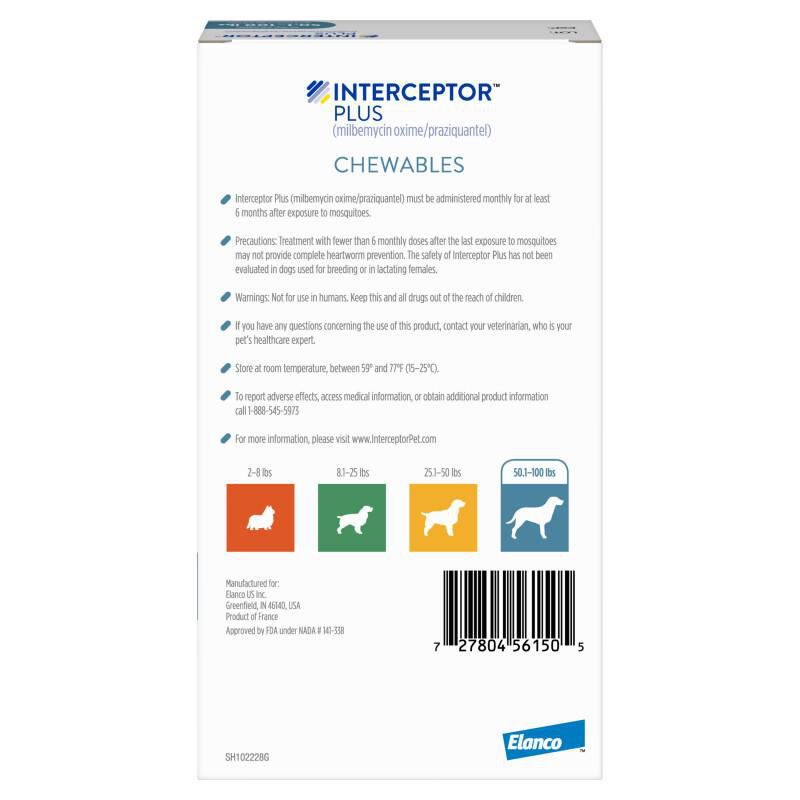 Interceptor Plus Chewable Tablets for Dogs 50.1-100 lbs Blue, 12 Month Supply
