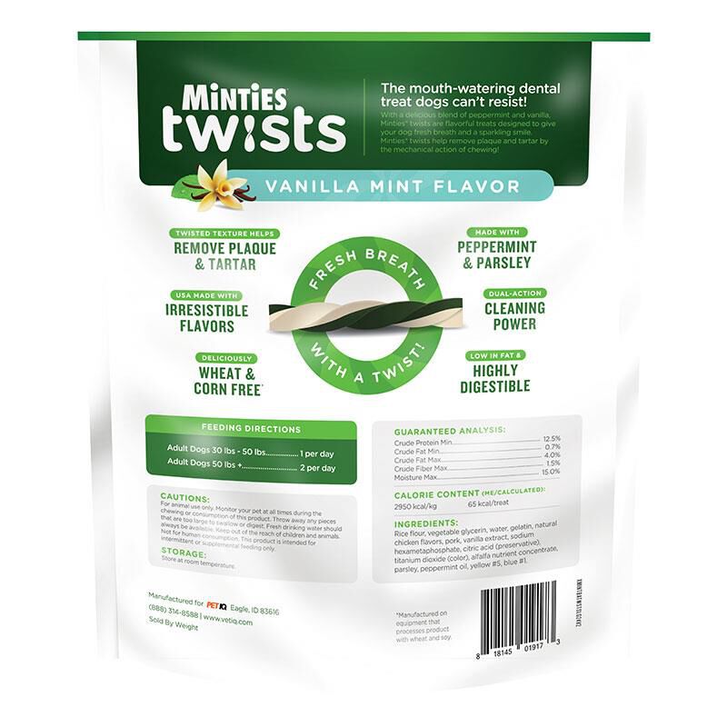 Minties Twists Large Dental Treats for Dogs 30+ lbs Vanilla Mint Flavor 24 oz