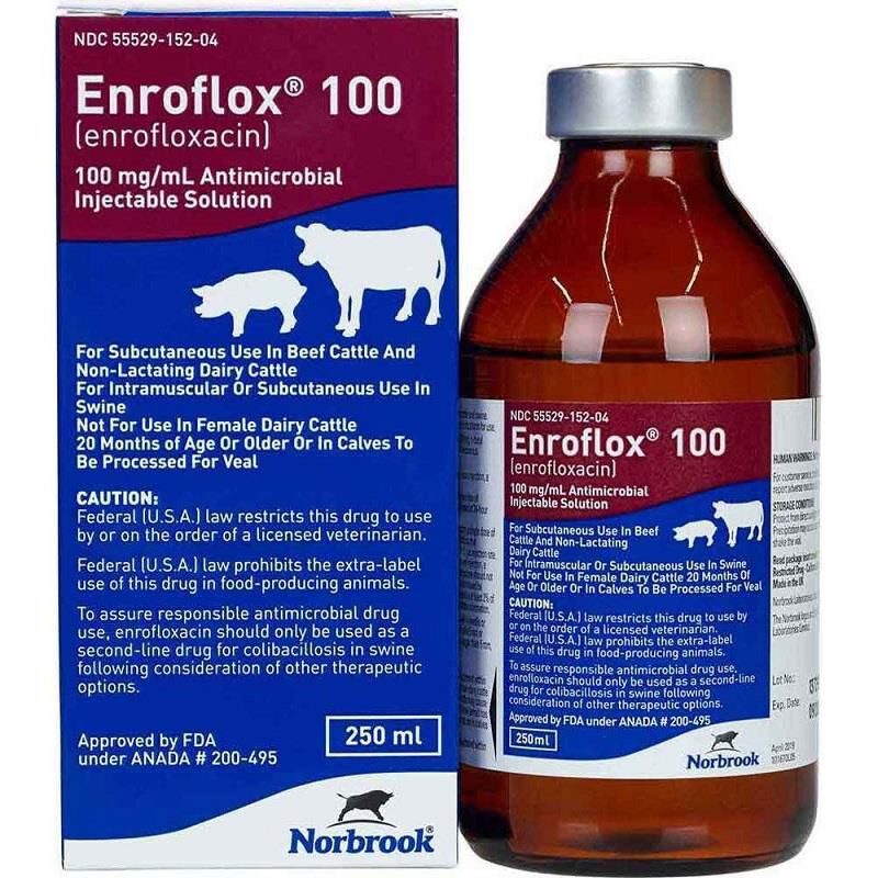 Enroflox 100 (Enrofloxacin) Injectable for Cattle and Swine 250 ml