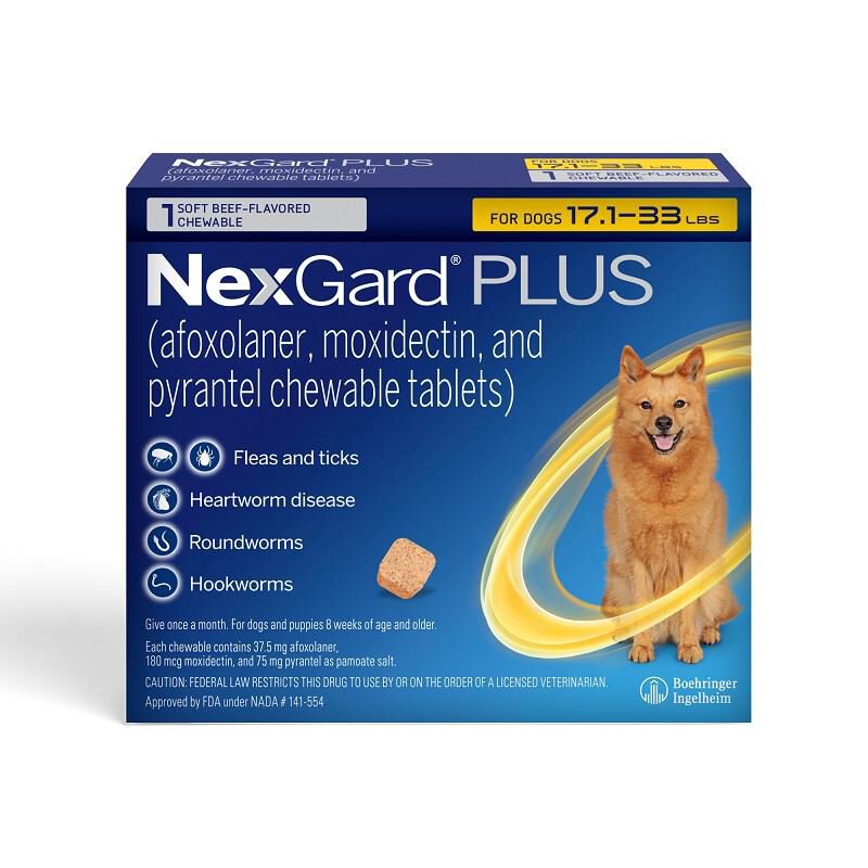 NexGard PLUS Chewables for Dogs 17.1-33 lbs Gold, 1 Month Supply