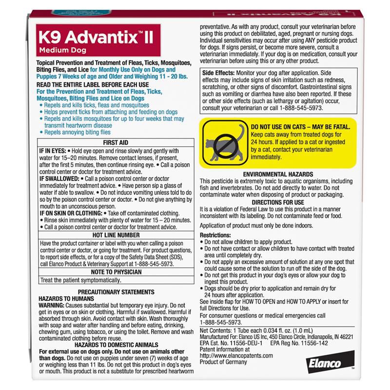 K9 Advantix II for Dogs 11 - 20 lbs Teal, 1 Month Supply