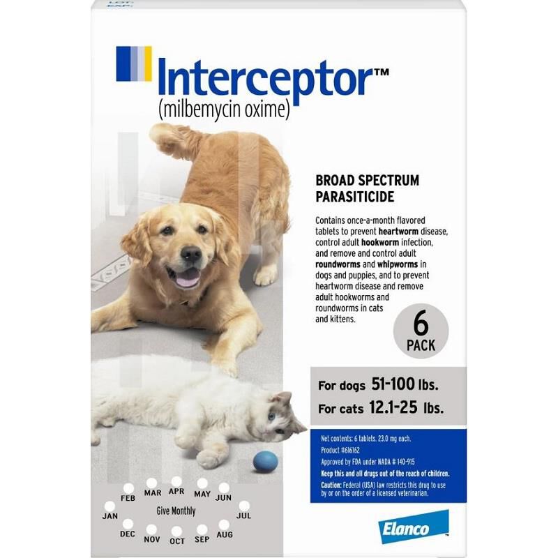 Interceptor for Dogs and Cats 51-100 lbs Dogs / 12.1-25 lbs Cats  6 Month Supply White