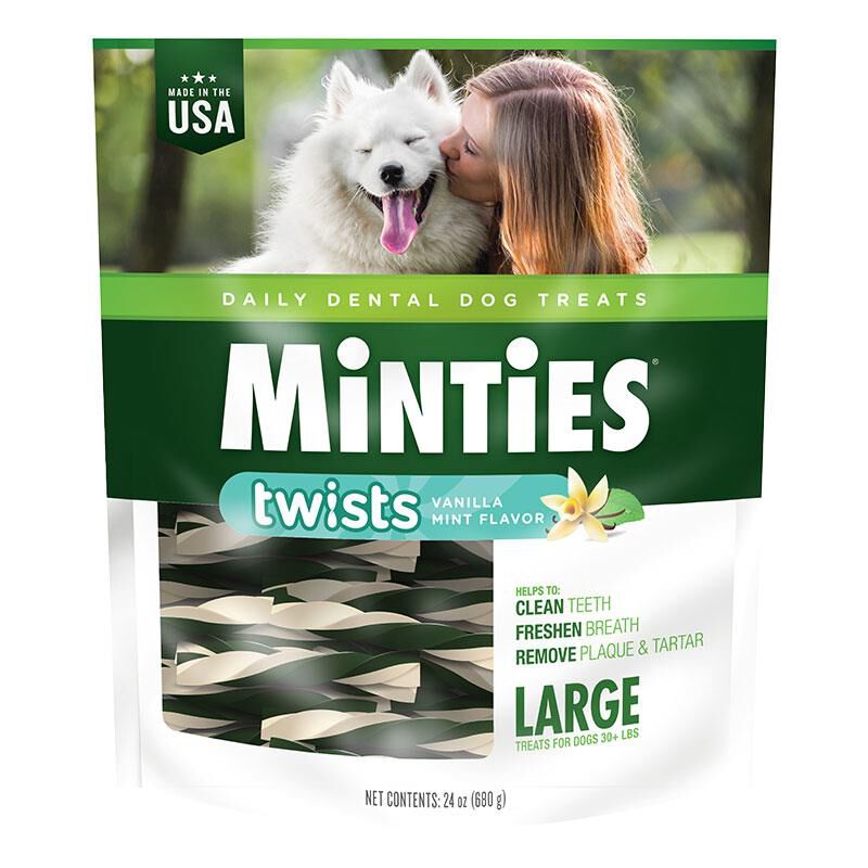 Minties Twists Large Dental Treats for Dogs 30+ lbs Vanilla Mint Flavor 24 oz