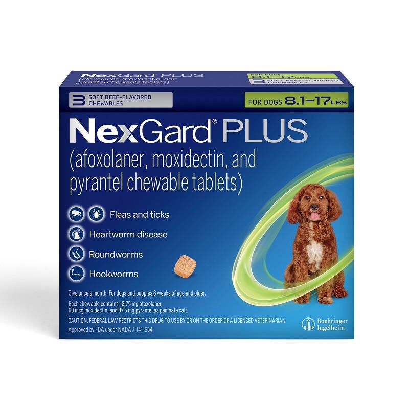 NexGard PLUS Chewables for Dogs 8.1-17 lbs Green 3 Month Supply