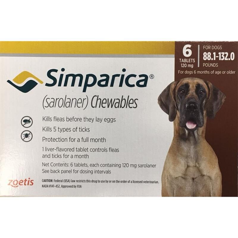 Simparica Chewable Tablets for Dogs 88-132 lbs Brown, 6 Month Supply