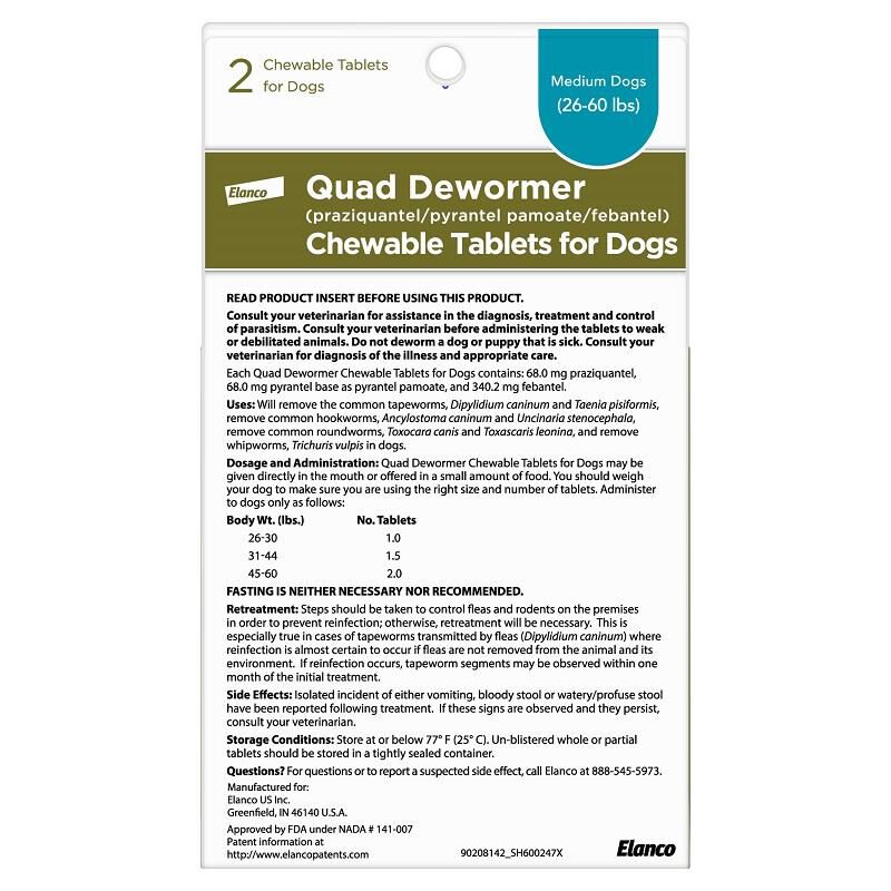 Quad Dewormer Chewable Tablets for Dogs, Medium Dogs (26-60 lbs) 2 Chew Tabs