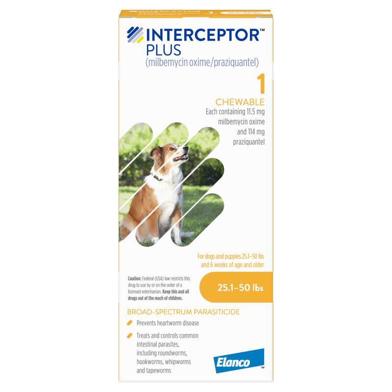 Interceptor Plus Chewable Tablets for Dogs 25.1-50 lbs Yellow, 1 Month Supply