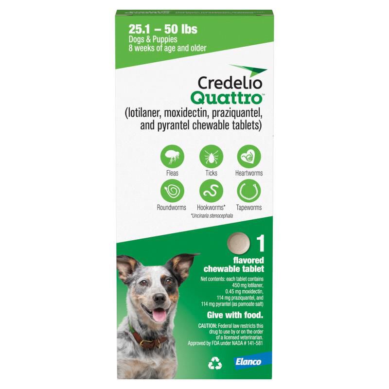 Credelio Quattro Flavored Chewable Tablet for Dogs & Puppies 25.1-50 lbs Green 1 Month Supply