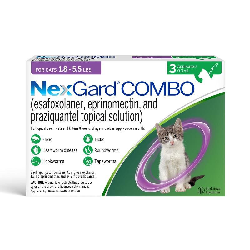 NexGard COMBO Flea, Tick & Heartworm Protection for Cats 1.8 lbs - 5.5 lbs Purple, 3 Month Supply