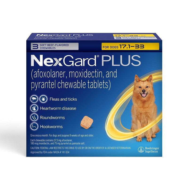 NexGard PLUS Chewables for Dogs 17.1-33 lbs Gold 3 Month Supply