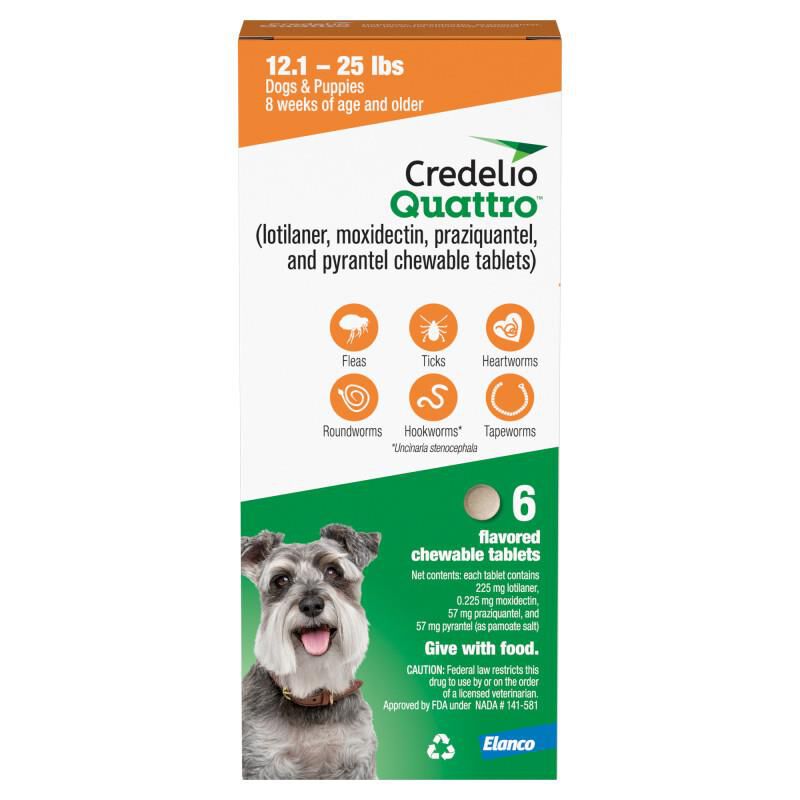 Credelio Quattro Flavored Chewable Tablet for Dogs & Puppies 12.1-25 lbs Orange 6 Month Supply