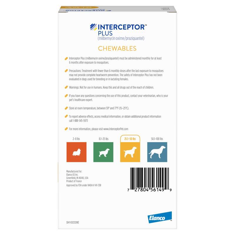 Interceptor Plus Chewable Tablets for Dogs 25.1-50 lbs Yellow, 12 Month Supply