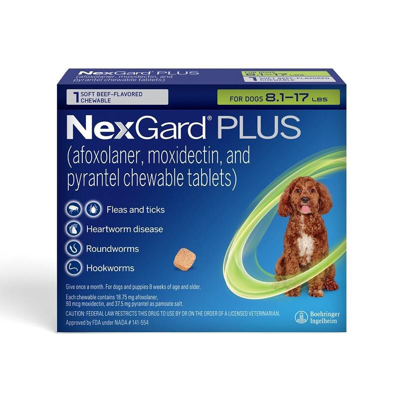 NexGard PLUS Chewables for Dogs 8.1-17 lbs Green, 1 Month Supply