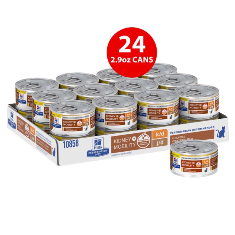 Hill's Prescription Diet k/d Kidney Care + Mobility Chicken & Vegetable Stew Wet Cat Food, 24 x 2.9 oz cans