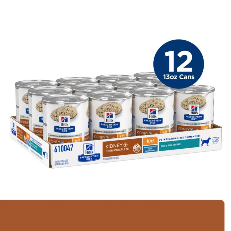 Hill's Prescription Diet k/d Kidney Care + Derm Complete Rice & Egg Entree Wet Dog Food, 12 x 13 oz cans