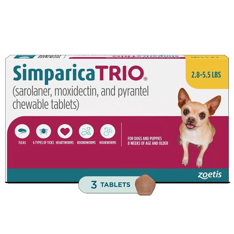 Simparica Trio Chewable Tablets for Dogs 2.8-5.5 lbs Gold, 3 Month Supply