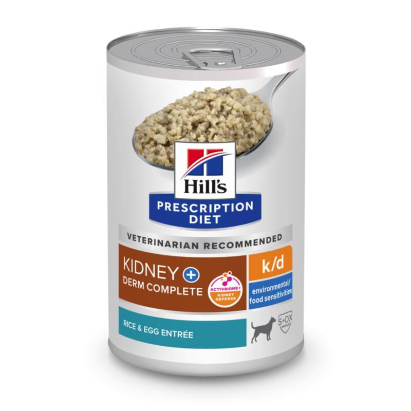 Hill's Prescription Diet k/d Kidney Care + Derm Complete Rice & Egg Entree Wet Dog Food, 12 x 13 oz cans