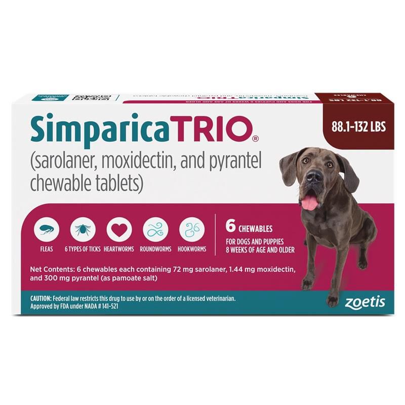 Simparica Trio Chewable Tablets for Dogs 88.1-132 lbs Brown, 6 Month Supply