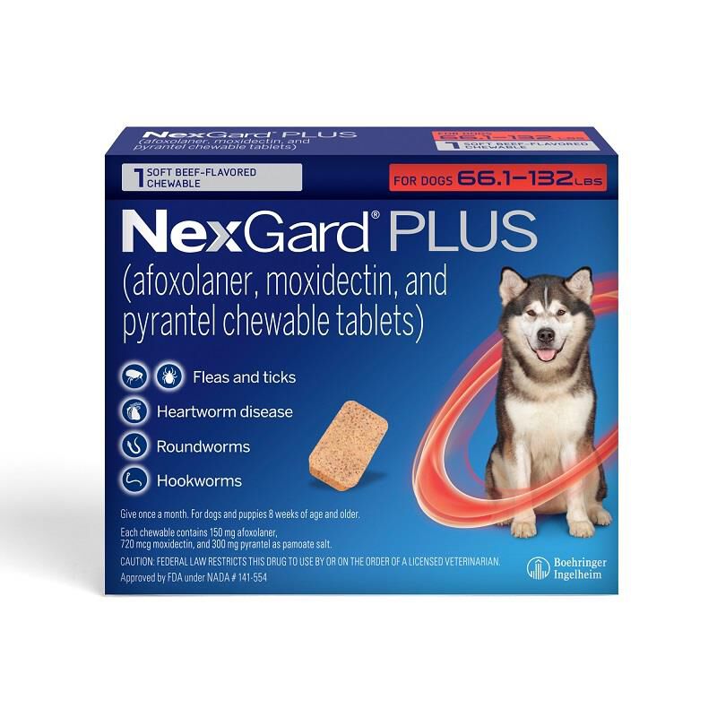 NexGard PLUS Chewables for Dogs 66.1-132 lbs Red, 1 Month Supply