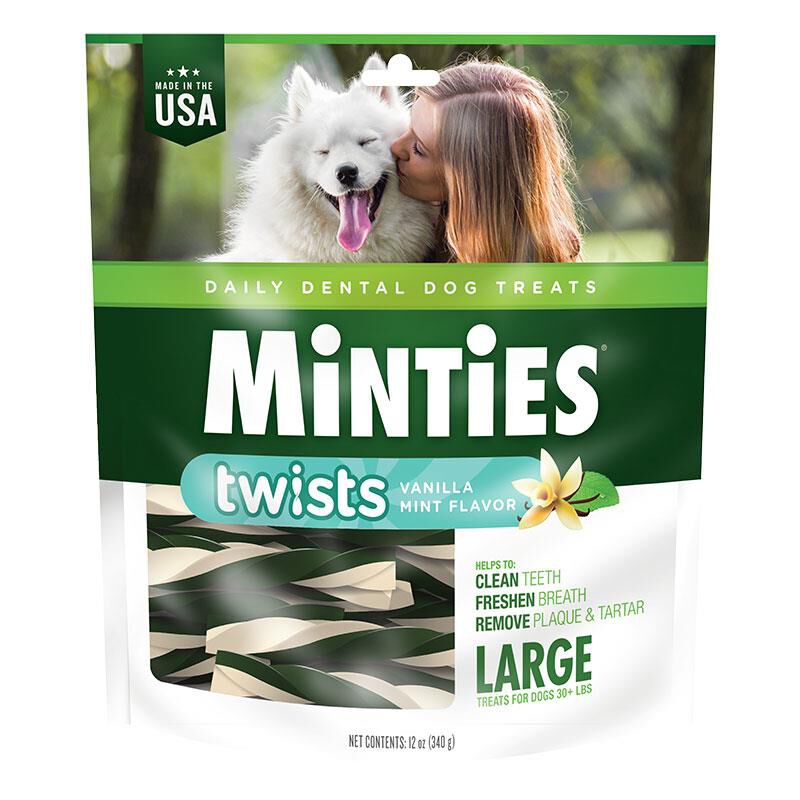 Minties Twists Large Dental Treats for Dogs 30+ lbs Vanilla Mint Flavor 12 oz